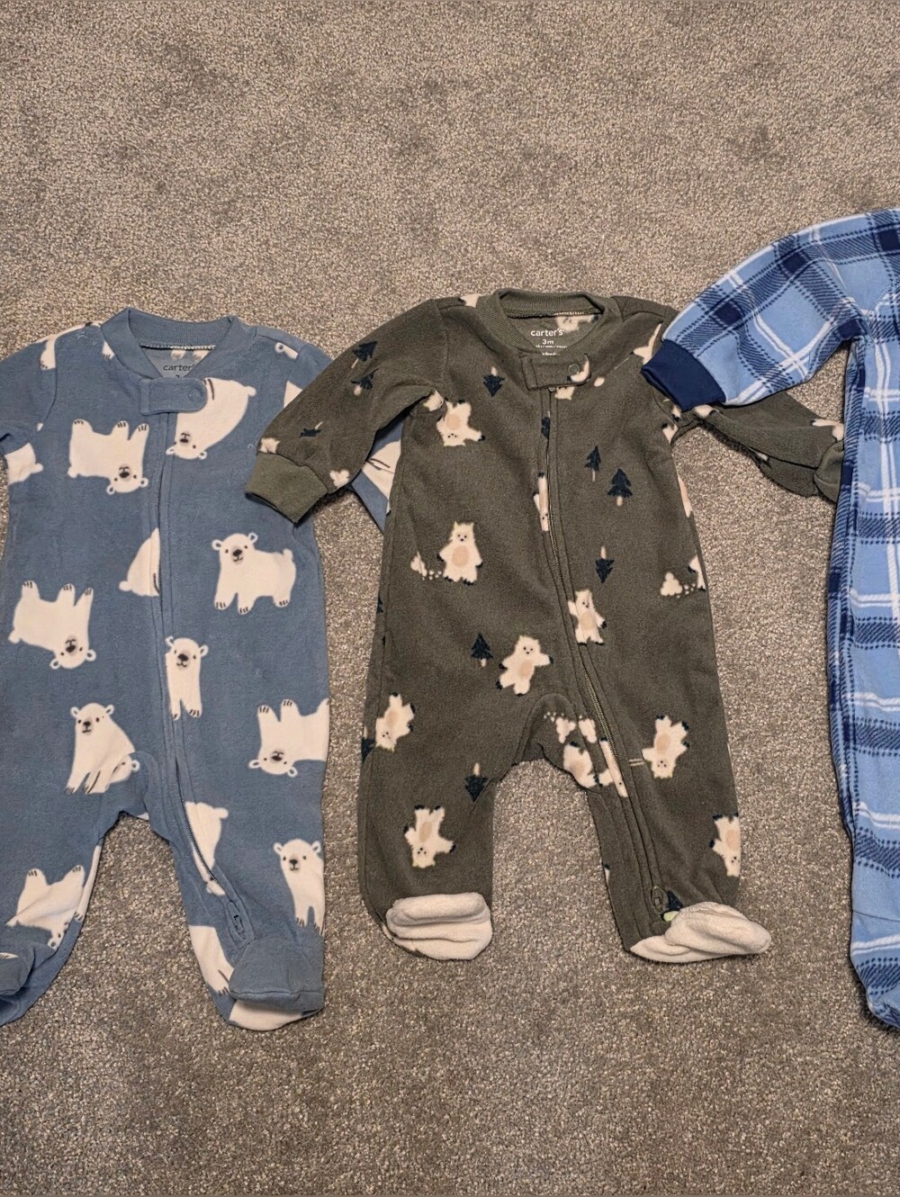 Kids One-Piece Sleepwear Pack - Blue Polar Bear, Olive Bear, Blue Plaid